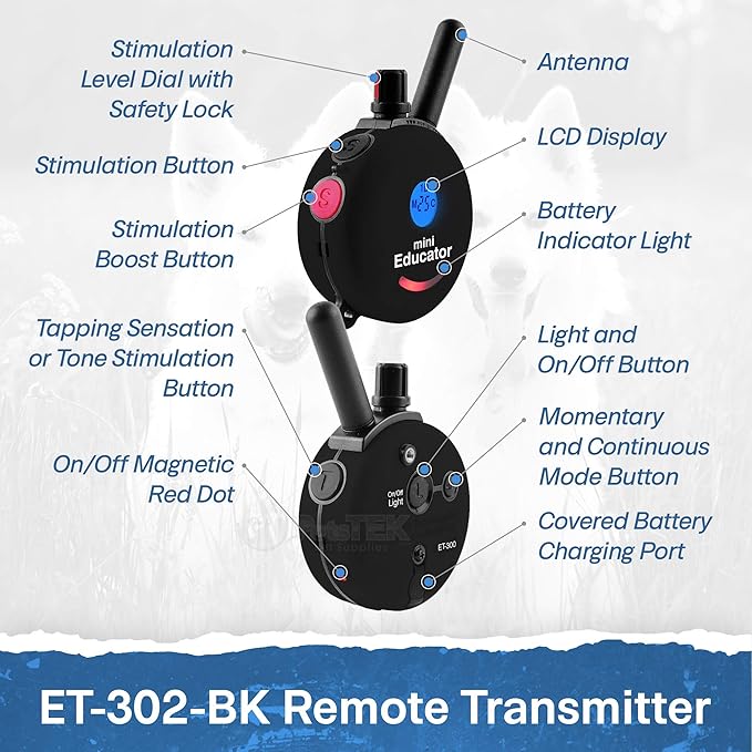 Educator ET-302 Black Mini E Collar for Dog Training with Remote - 1/2 Mile Range, Waterproof, 100 Blunt Stimulation Levels, Tone or Vibration Mode, Night Light for Small, Medium & Large Dogs (2 Dogs)