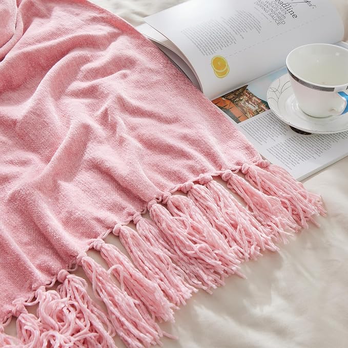 CozeCube Chenille Throw Blanket, Pink Fringe Blanket, 50"X60" | For Couch, Cozy Plush Fuzzy Decorative Blanket with Fringe Tassels, Lightweight Throws for Bed Sofa Gift Home Decor
