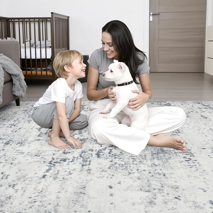 5x7 Area Rug Living Room Rug: Washable Modern Abstract Soft Thin Rug Indoor Floor No Slip Carpet for Bedroom Dining Room Farmhouse Nursery Home Office - Blue Grey