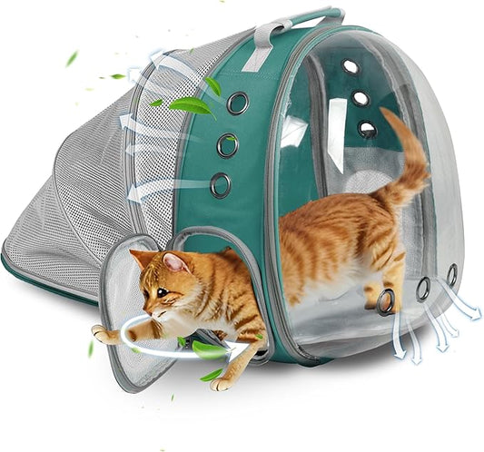 Cat Backpack Carrier Back Expandable Bubble Pet Carrier Backpack for Large Cat, Kitten and Dog, Designed for Hiking, Travelling and Outdoor Use (Back Expandable-Green)