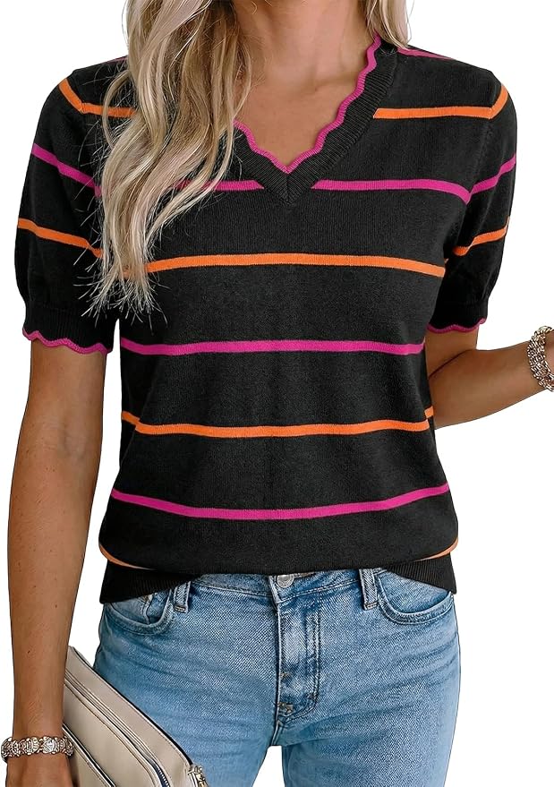 Dokotoo Womens Summer Short Sleeve Knit Tops 2026 Spring Trendy Casual V Neck Striped Sweater Blouses