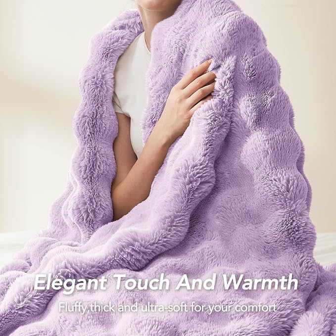 L'AGRATY Faux Rabbit Fur Throw Blanket for Couch, 60'' x 80'', Purple | Soft Cozy Bubble Fluffy Blanket for Sofa Bed, Thick Warm Plush Fuzzy Throw for Room Home Decor, Luxury Gift for Women Mom