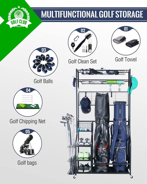 Mythinglogic Golf Bag Storage Organizer - 2-Bag Stand with 4 Removable Hooks | Golf Equipment Rack