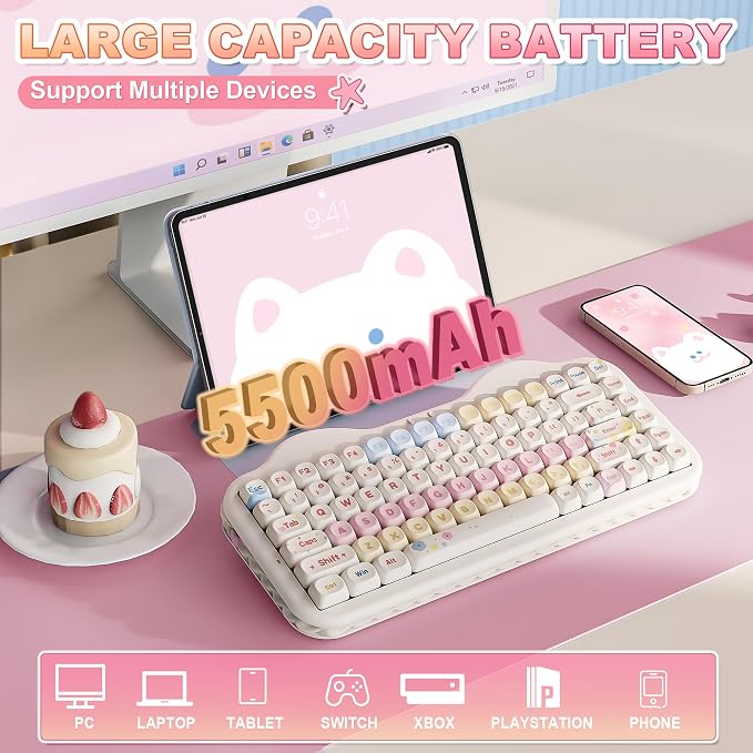 YUNZII C75 Cute 75% Wireless Mechanical Keyboard (Beige, Candy Switch) | Creamy Cake Keyboard, BT5.0/2.4G/USB-C, Hot-Swap, NKRO, PBT MOA Keycaps,5500mAh RGB Gasket Mount for Mac/Win/Gaming/Office