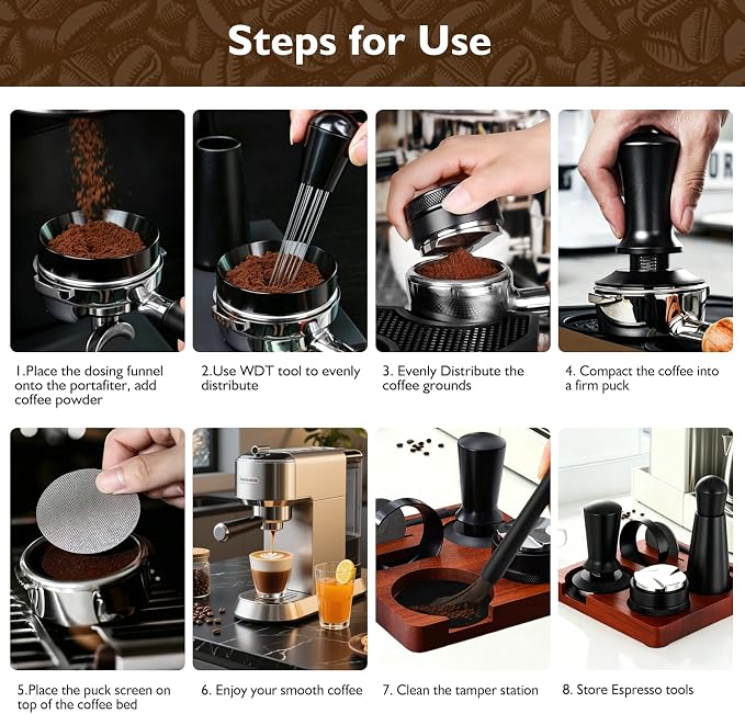 54mm Espresso Accessories Kit, 7Pcs Coffee Tamper Set with Wooden Tamping Station, Tamper, WDT Tool, Distributor, Puck Screen and Dosing Funnel, Espresso Tool Kit Fits 54mm Espresso Portafilter