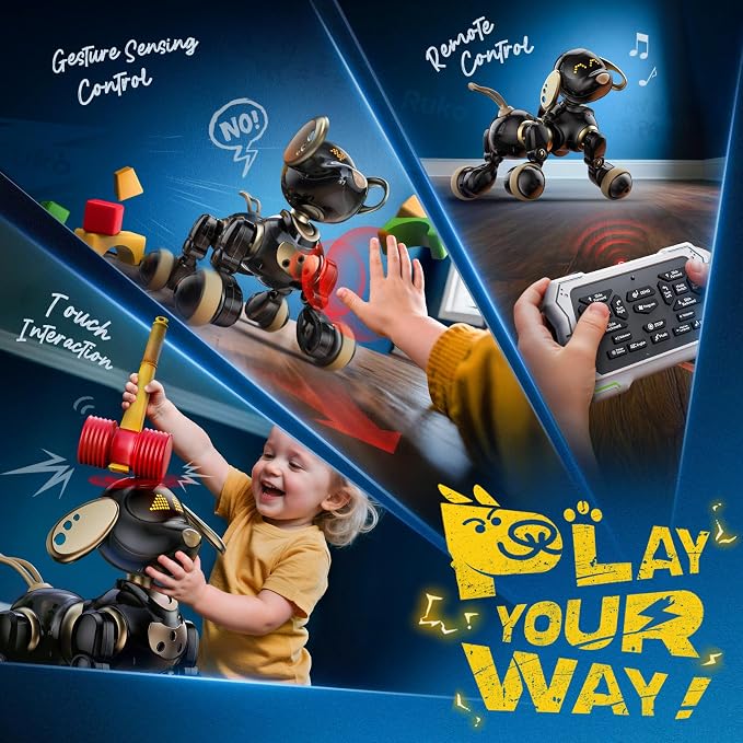 Ruko 18011 Robot Dog Toy, Smart Interactive Puppy with 30+ LED Faces | Remote and Gesture Control, Programmable Interactive Electronic Robot Pet for Kids Ages 3–8, Black & Gold