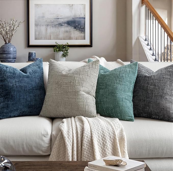 MIULEE Chenille Textured Throw Pillow Covers Teal 18x18 Set of 2 | Slubby Decorative Pillows, Boho Farmhouse Home Decor, Modern Neutral Cushion Covers for Couch Sofa Bed Living Room