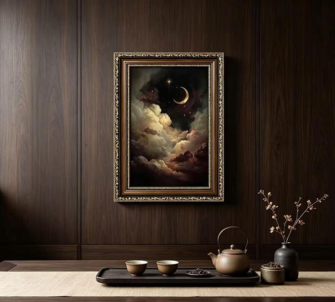Vintage Gold Framed Crescent Moon Cloud Wall Art, Dark Academia Celestial Starry Sky Oil Painting Print, Antique Ornate Mystical Night Sky Wall Decor, Gothic Cottagecore Home Decor, 12x16in