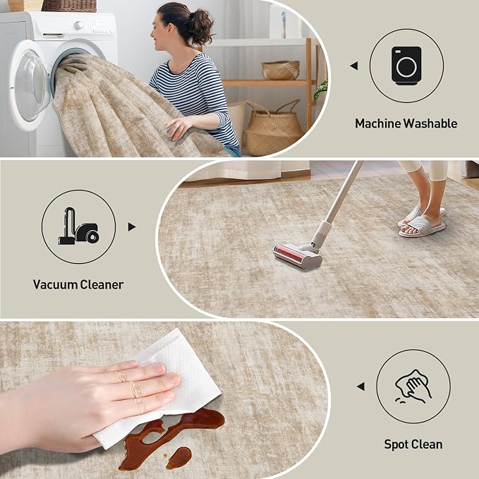 2'6''x8' Runner Rugs Washable Rug: Modern Abstract Living Room Rug Soft Anti-Skid Thin Carpet Indoor Floor Non-Shedding Carpets for Bedroom Dining Room Farmhouse Nursery Home Office - Beige