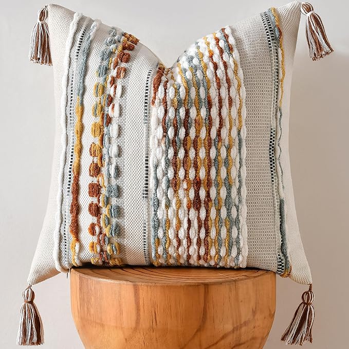 Chenille Striped Textured Boho Throw Pillow Covers Aesthetic with Tassels Woven Decorative Pillow Case for Couch Bed Sofa Bedroom Modern Funky 18 x 18-Inch Brown