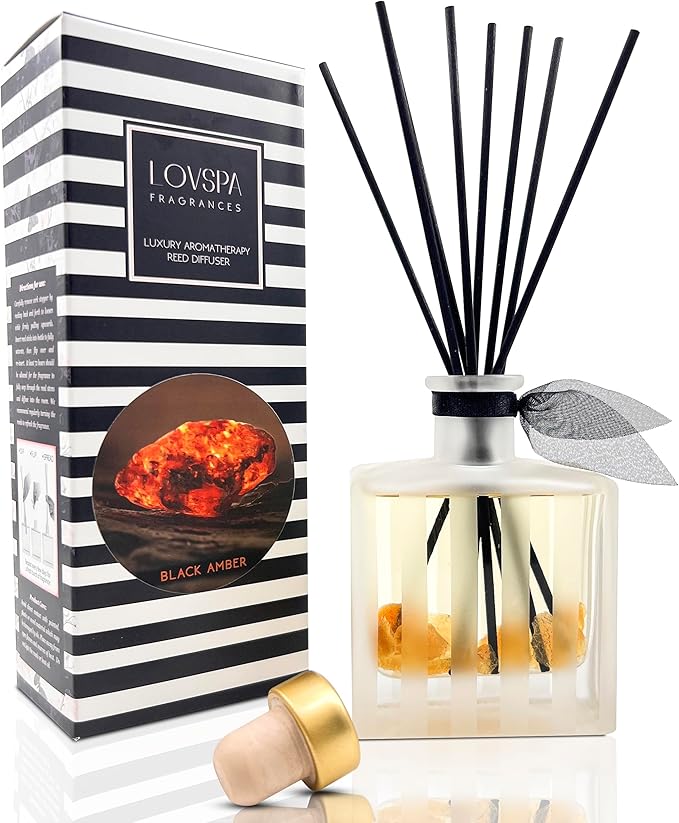 LOVSPA Reed Diffuser Set, Black Amber Scented Oil Diffuser with Sticks, Home Fragrance Accessories for Bathroom Shelf Decor, Aroma Diffusers for Home or Office Fall Decor, USA Made