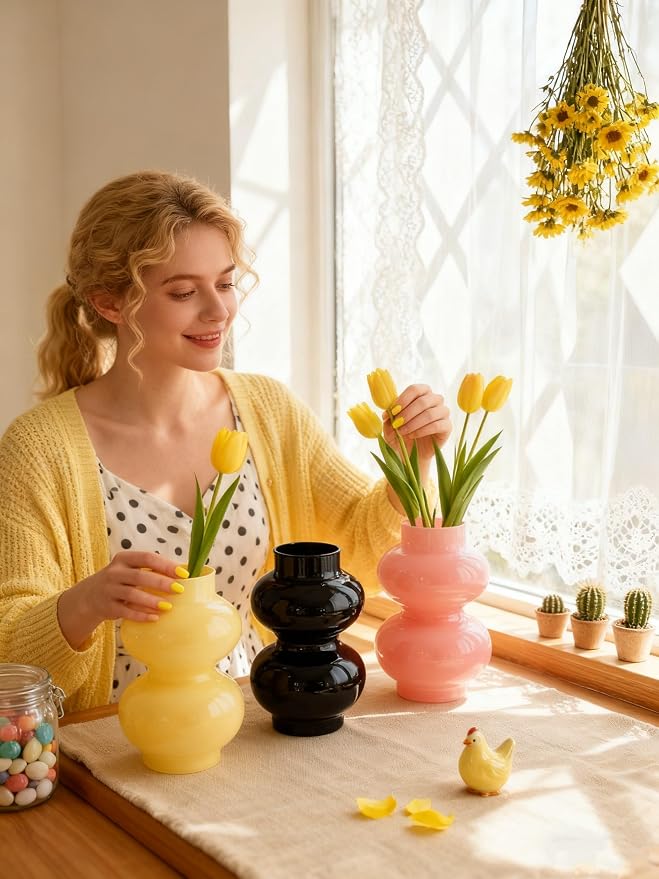 JSPYFITS Glass Hydroponic Flower Vase, Double Balls Colored Glass Bubble Vase for Flower, 7 Inches Glassvase Funky Vase for Home/Office/Weddings/Party Table Flower Décor (Milky Yellow)