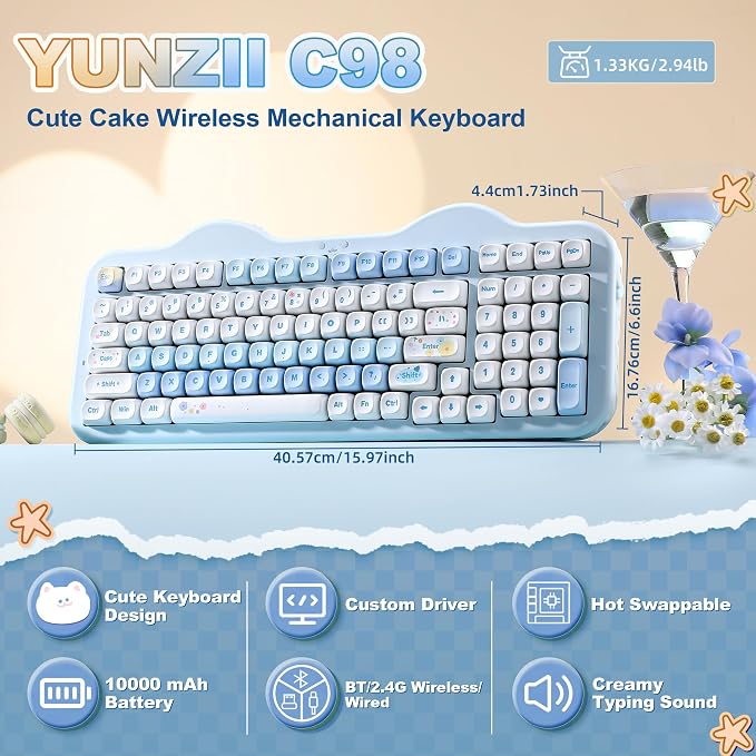YUNZII C98 Cute Cake Wireless Mechanical Keyboard(Blue, Candy Switch) | 99 Keys with Number Pad, Hot Swap, PBT MOA Keycaps, BT5.0/2.4G/USB-C, Gasket Mount, Custom RGB Backlit for Win/Mac