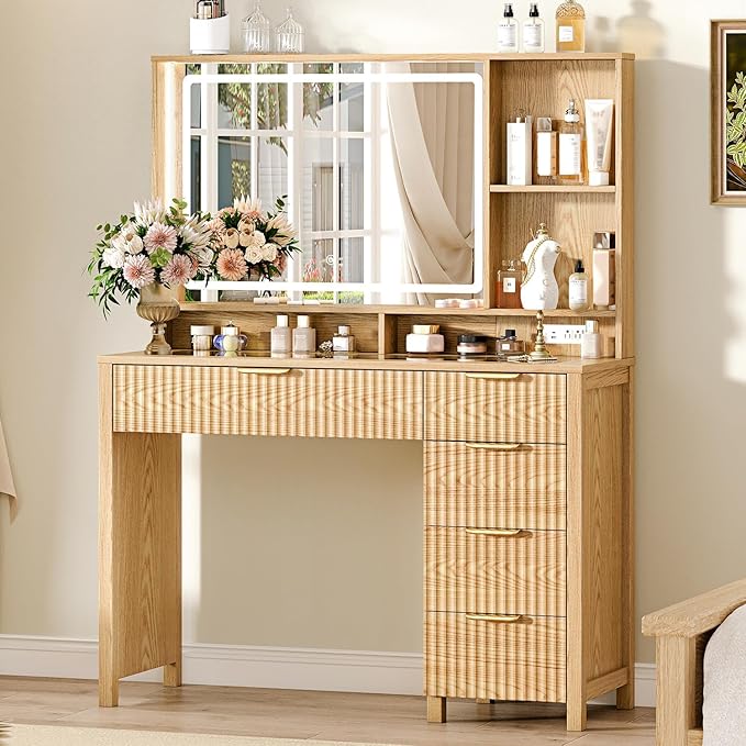 Makeup Vanity Desk with Mirror and Lights, 43.3'' Glass Tabletop Vanity Table with 5 Drawers & Shelves,Big Vanity Set for Bedroom, Oak