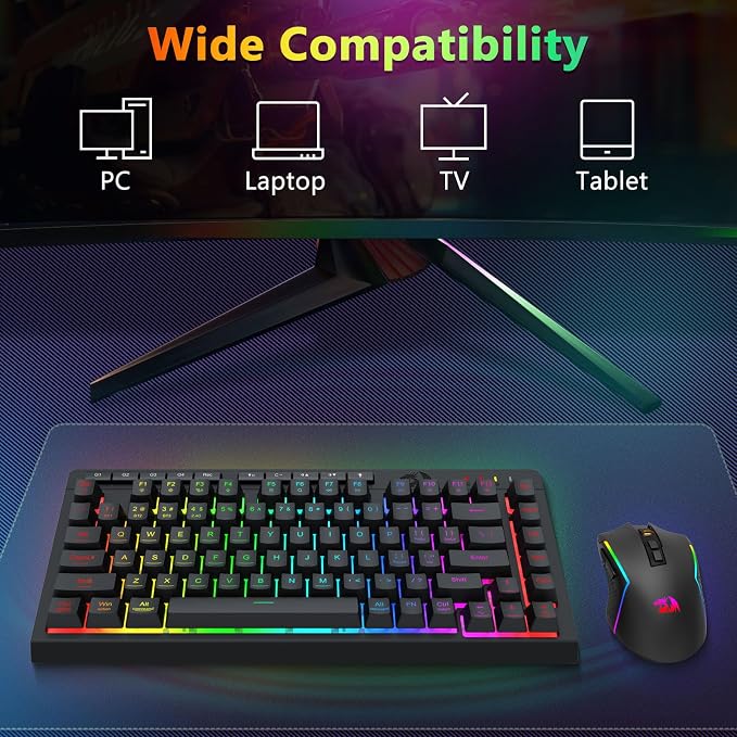 Redragon Wireless Gaming Keyboard and Mouse Combo, 75% Portable, Black | Bluetooth/2.4G/USB-C Wired, RGB Backlit, Quiet Rechargeable Macro Membrane Keyboard & 12800 DPI Mouse for Win/MAC