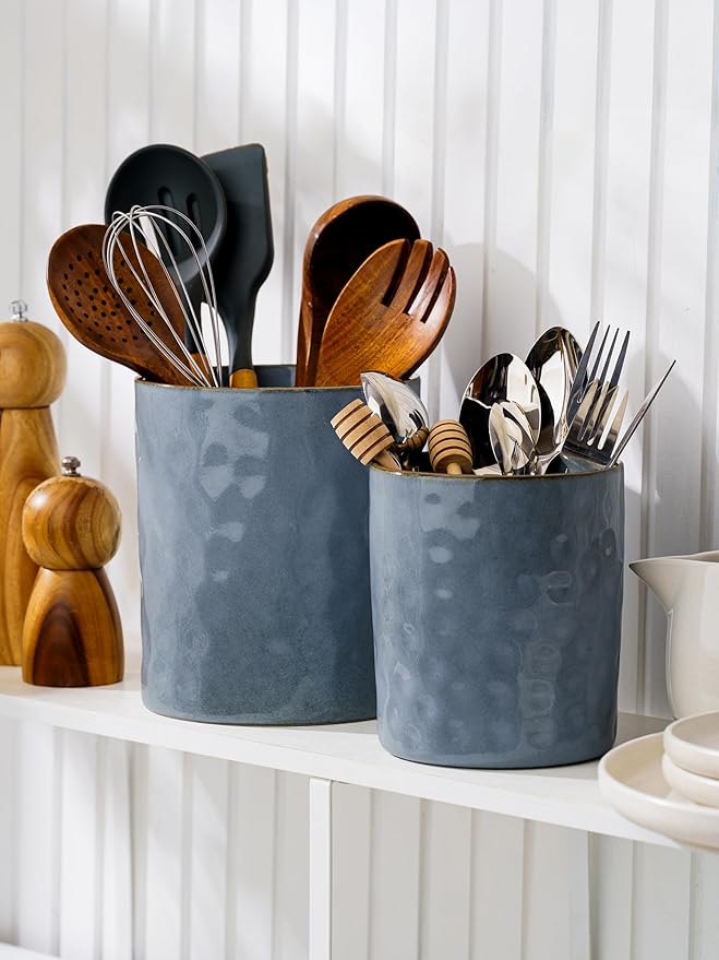 famiware Ocean Utensil Holder, 7.2"+5.8" Ceramic Kitchen Utensil Holder for Countertop, 2 Pieces Cooking Utensil Crocks, Utensil Organizer for Spatula & Spoon, Kitchen Decor, Set of 2, Blue