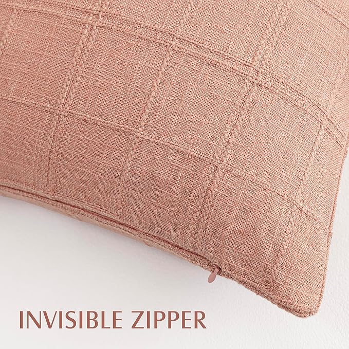 Foindtower Set of 2 Decorative Linen Check Throw Pillow Covers Neutral Farmhouse Vintage Cushion Covers Modern Boho Accent Home Decor for Sofa Chair Couch Bedroom Living Room,26×26 Inch,Coral Pink