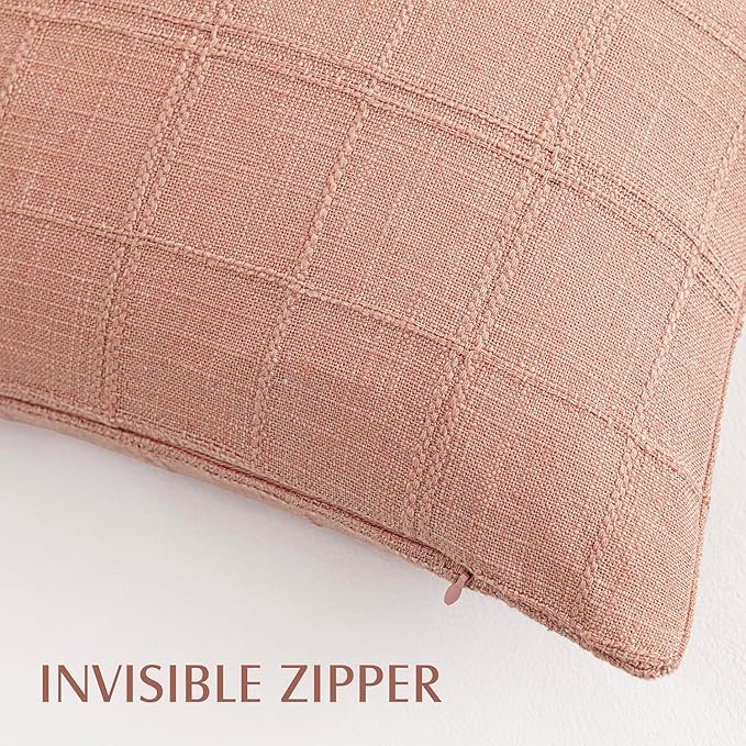 Foindtower Set of 2 Decorative Linen Check Throw Pillow Covers Neutral Farmhouse Lumbar Cushion Covers Modern Boho Accent Home Decor for Sofa Chair Couch Bedroom Living Room,12×20 Inch,Coral Pink