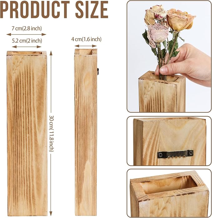 Wooden Wall Planter Set of 4 - Modern Home Decor for Living Room, Bedroom, Bathroom - Walnut Finish Planter for Dried Flowers, Faux Greenery, Indoor Plants