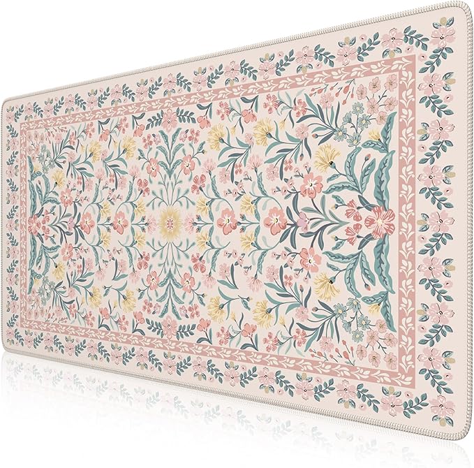 iCasso Desk Mat,Mouse Pad for Office Desk,35.4x15.7in,Pink Floral | Desk Pad for Women Home Office Decor Supplies, Desk Accessories, Non-Slip Mousepad with Stitched Edge, Smooth Water-Resistant