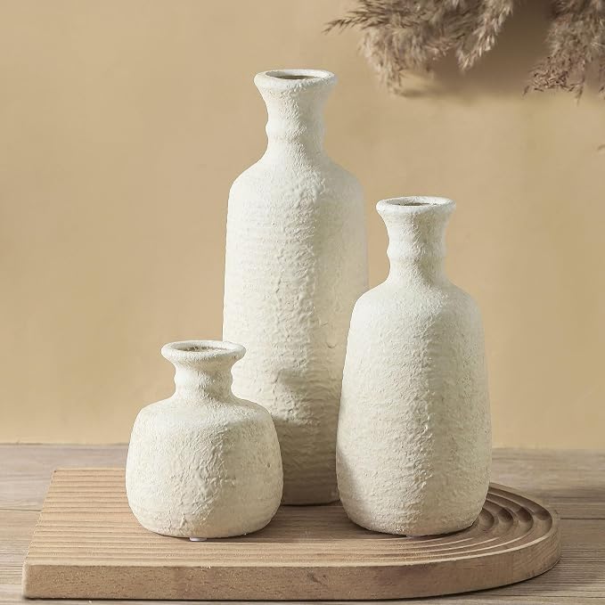 Ceramic Vase Set of 3, Neutral Rustic Vases Home Decor Farmhouse Decorative Vase Whitewashed Pottery Decor Boho Modern for Table Mantel Entryway Bookshelf Living Room Kitchen Bathroom Bedroom - White
