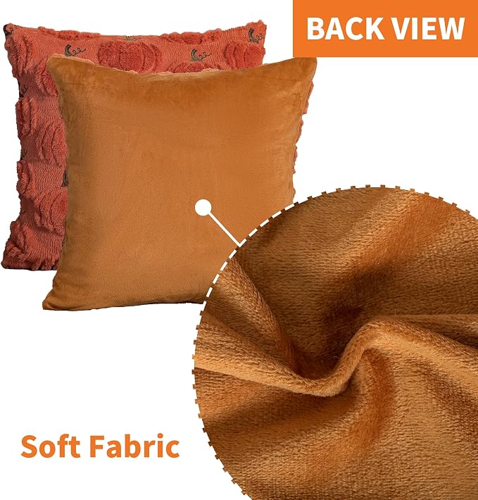 Fall Pumpkin Decorative Pillow Covers 18x18 Set of 2, Dark Rust Red Soft Plush Faux Fur Wool Farmhouse Throw Cushion Cases for Autumn Thanksgiving Holiday Home Decorations