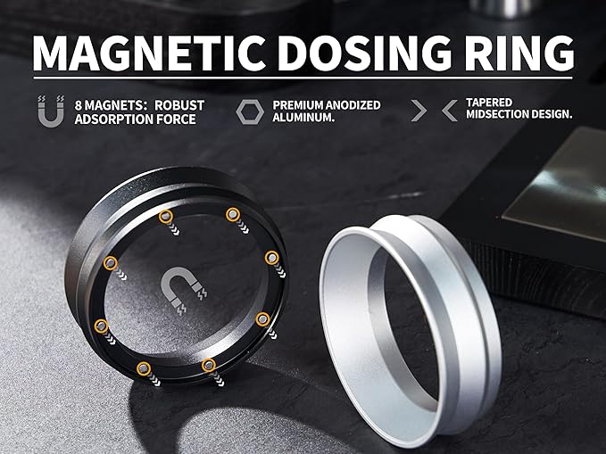 58mm Espresso Dosing Funnel and Puck Screen Set,Magnetic Dosing Funnel with 8 Magnets,Compatible with 58mm Gaggia E61 Portafilter.Reusable 1.7mm 150μm Stainless Steel Puck Screen.(Black)