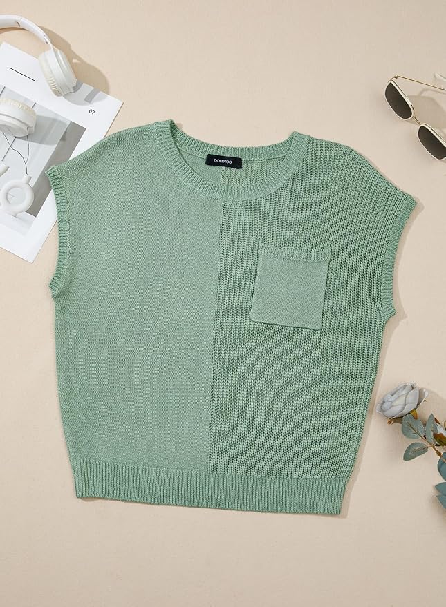 Dokotoo Summer Knit Tops for Women Sleeveless Crewneck T Shirts Casual Lightweight Sweater Blouses Shirts