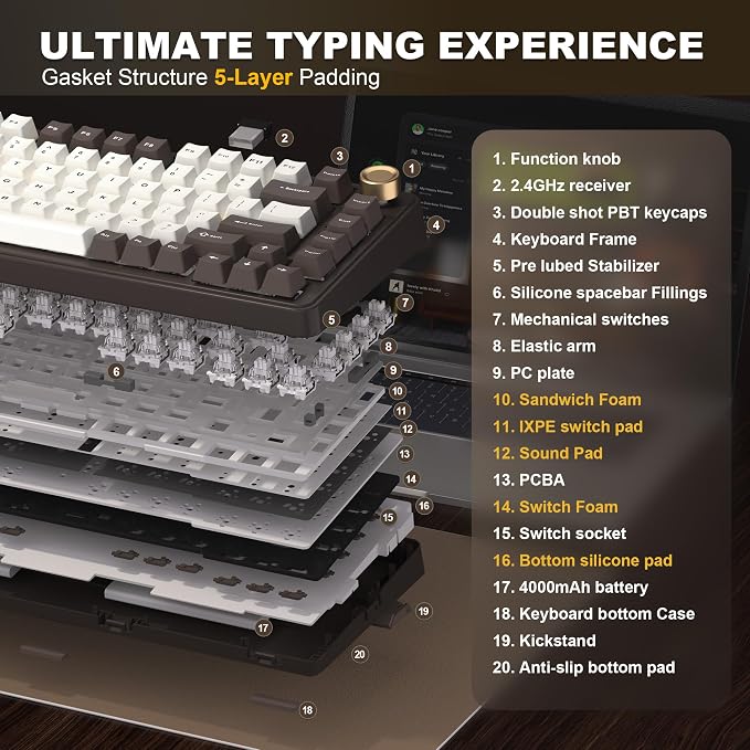 YUNZII B75 PRO 75% Wireless Mechanical Keyboard (Coffee Brown, MilkV2) | Hot Swap Keyboard with Knob, Gasket Mount, Creamy Pre-lubed Switch for Smooth Typing, BT/USB-C/2.4G, for Gaming