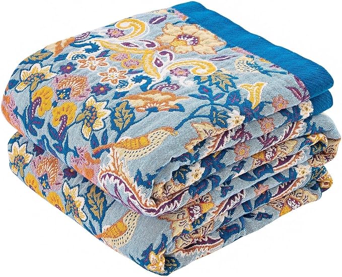 XIBLC Boho Throw Blanket for Bed, 100% Cotton Soft Rustic Quilt Fall Blanket, 90"x98" Floral Printed Farmhouse Decor Bed Blankets, All Season Rustic Reversible Bohemian Throw Quilt