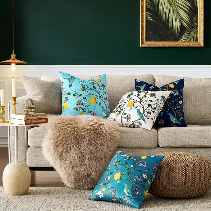 MUSSEL Light Blue Floral Vintage Decorative Pillow Covers 18x18 Set of 2 | Soft Velvet,Wild Flower Plant,Throw Pillows Case,Square,Colorful Farmhouse Cushion Covers,Home Sofa Bed Couch Decor
