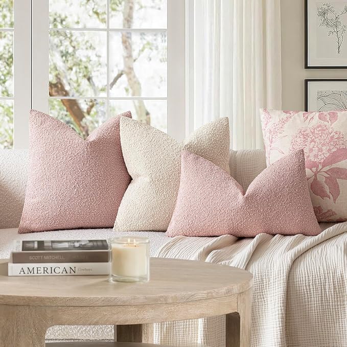 Foindtower Pack of 2 Textured Boucle Throw Pillow Covers Accent Solid Pillow Cases Cozy Soft Decorative Couch Cushion Case for Couch Chair Sofa Bedroom Living Room Home Decor 18x18 Inch Sakura Pink