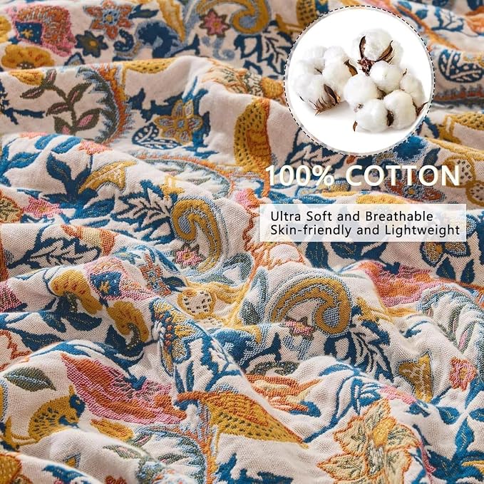 Boho Throw Blanket Farmhouse Decor Throw Blanket Bohemian Blanket for Bed 100% Cotton Muslin Woven Couch Blanket All Seasons Quilt Bedroom (A-Whiite, 50"x60")