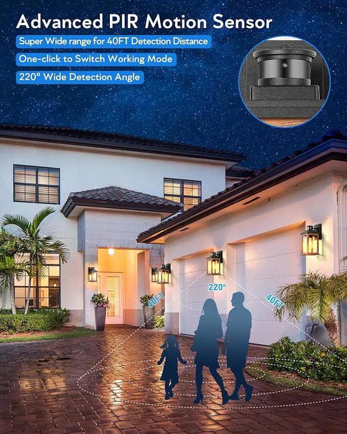 VIANIS 2 Packs Dusk to Dawn Outdoor Lighting for House, Wood Grain Motion Sensor Outdoor Lights Fixture, Garage Light Sconce Wall Mount, Lantern with Waterproof, Anti-Rust 100%, Weather Resistant
