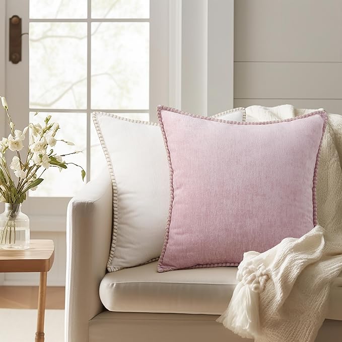 decorUhome Soft Chenille Throw Pillow Covers 16x16 Set of 2 Blush Pink | Fall Textured Decorative Throw Pillow Cases Stitched Edge Modern Farmhouse Luxury Boho Velvet for Couch Sofa Bed Home Decor