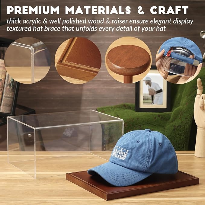 JupDec Hat Display Case, Clear Acrylic Baseball Cap Display Box Stand, UV Protection Signed Hat Transparent Showcase with Solid Wood Base Risers & Hat Shaper, Ideal Gift for Caps Collector