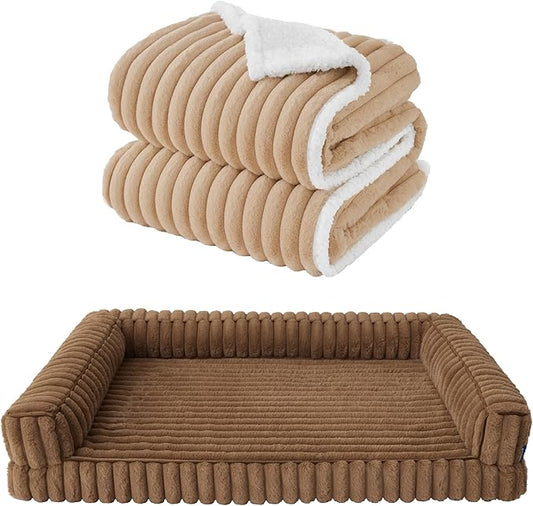 Bedsure ComfyFleece Orthopedic Dog Bed with Waterproof Dog Blanket for Extra Large Dogs, Brown