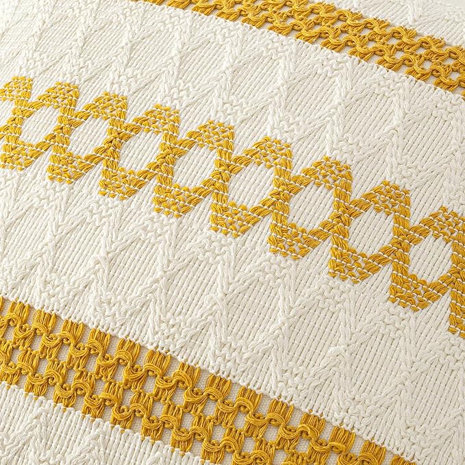 MIULEE Set of 2 Mustard Yellow Boho Decorative Pillow Covers 18x18 Inch | Fall, Boho Farmhouse Modern Couch Throw Pillows, Cotton Cushion Covers, Macrame Woven Home Decor for Bed Sofa Chair