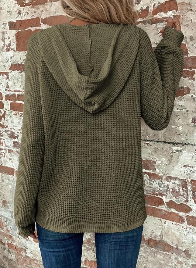 Dokotoo Hoodies for Women Waffle Knit Long Sleeve Drawstring Button V Neck Casual Sweatshirt Hooded Tops Fashion Clothing