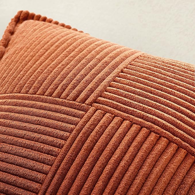 MIULEE Fall Dark Rust Decorative Euro Sham Throw Pillow Covers for Couch Bed Livingroom 24x24 Inch Set of 2 Boho Accent Throw Pllows Broadside Striped Patchwork Soft Corduroy Pillowcases, Terracotta