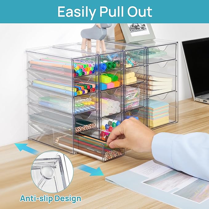 Vtopmart 4 Set Acrylic Desk Organizer with 16 Drawers for Office, Makeup | Clear Storage Drawers for Office Supplies, Desktop Organization for Makeup, Jewelry, Art Crafts, Bead, Pen, Stationary