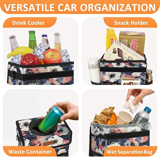 Vankor Car Trash Can for Car Cute, Trash Bag Bin Hanging Waterproof Automotive Garbage Cans Leak Proof Vehicle Trash Can Painting Floral