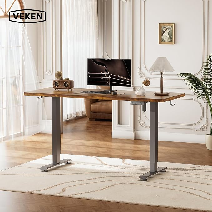 Veken Standing Desk, Brown,55×23.6 Inch | Height Adjustable Sit Stand Up Computer Tables for Home Office, Study , Writing, Suit students, employees and group work