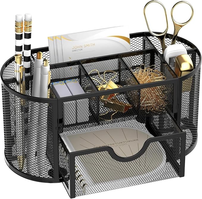 Mesh Desk Organizer with Drawer, 9-Compartment Pen Holder for Desk, Black | Pull-Out Drawer Stores Pens, Pencils, Clips, Notes, and Small Office or School Supplies in One Compact Desk Caddy