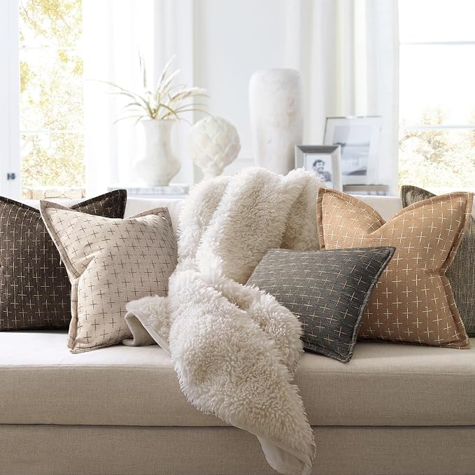 Throw Pillow Pillow Covers 18x18 Set of 2 Soft Polyester Textured Pillow Covers with Stylish Flange Edge Cozy Farmhouse Throw Pillows for Couch Bed Sofa Living Room Camel