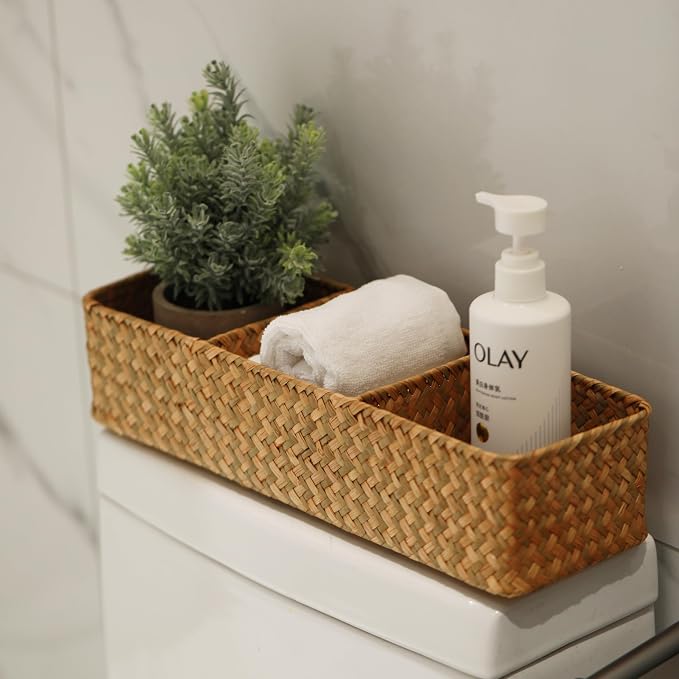 Seagrass Storage Basket 3 Sections Woven Shelf Baskets with Compartment (Natural, 14.6inch x 4.7inch x 3.1inch)