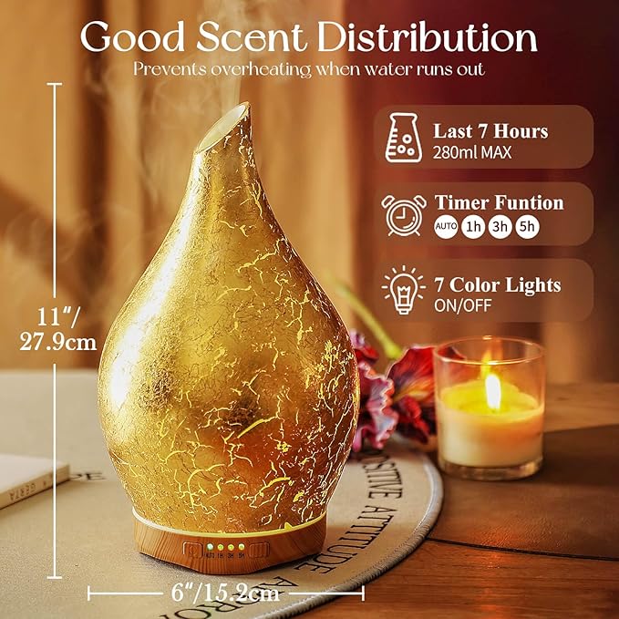 Porseme 280ml Essential Oil Diffuser, 3D Glass Aromatherapy Diffusor, Ultrasonic Cool Mist BPA Free Aroma Humidifier with Timer and Color Changing Function, Waterless Shut-Off for Home Office Room