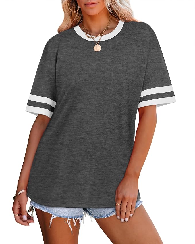 WIHOLL Womens T Shirts Loose Fit Short Sleeve Tees Crew Neck Color Block Summer Tops 2026 Fashion