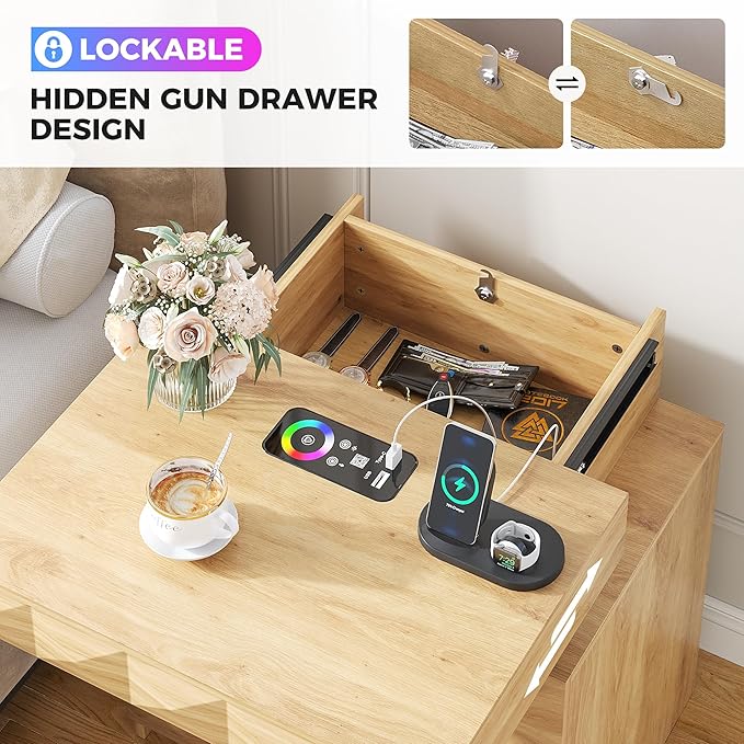LED Nightstand Set of 2 with Charging Station,3 Drawers Night Stand with Lockable Hidden Storage,Smart Bedside Table with Human Sensor RGB Lights for Bedroom,Wood