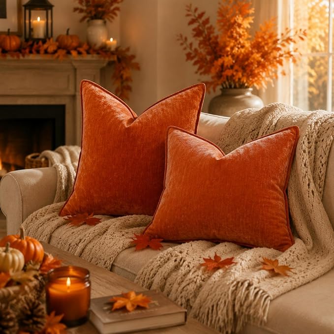 decorUhome Chenille Rust Velvet Throw Pillow Covers 24x24 Set of 2 | Fall Soft Euro Sham Couch Decorative Modern Farmhouse Pillow Cases with Elegant Design for Sofa Bed Living Room Home Decor